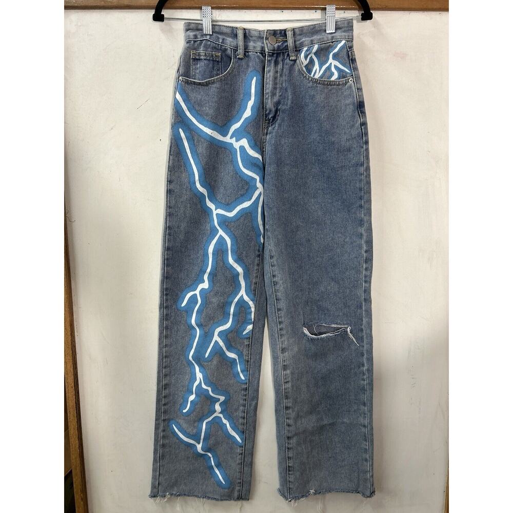 SHEIN Straight Denim Jeans Women's Sz XS Blue High Rise Raw Hem Lightening Bolt